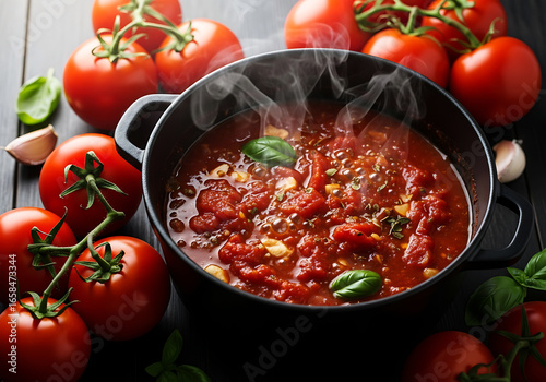 Steaming pot of rich tomato sauce with fresh tomatoes and basil