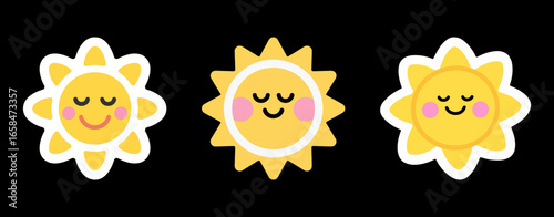 Set of three cute cartoon sun stickers with smiling or sleepy faces, a cheerful and adorable graphic resource for weather, summer, and happy themes.