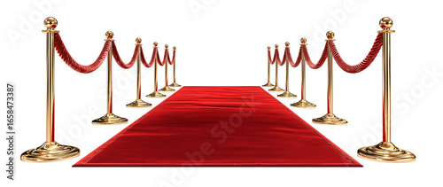 Red carpet and golden stars arranged on a white background, with a red rope featuring gold emblems on each side. The ropes should be in front of the viewer, without any people or other objects.