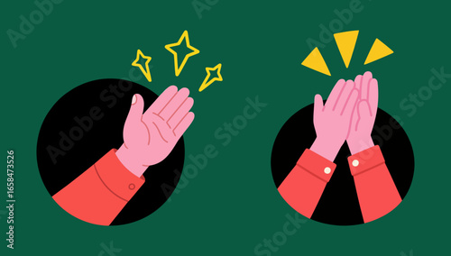 Cartoon illustration of hands clapping with stars and sparks, a symbol of applause, celebration, and appreciation.