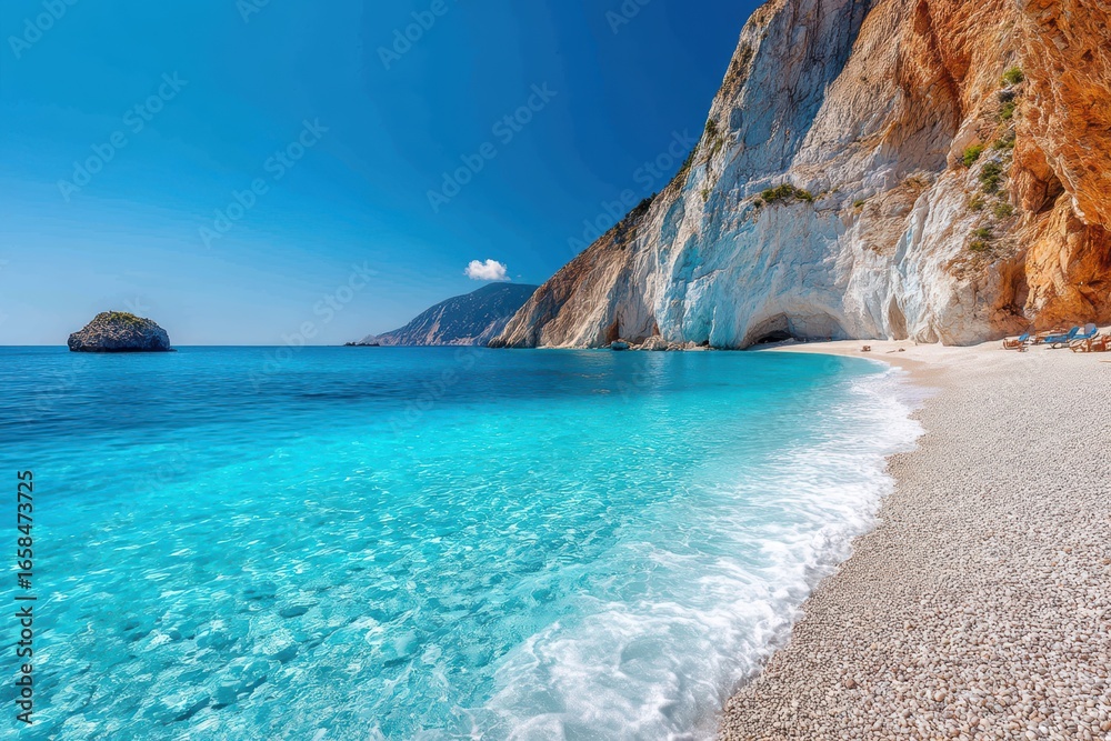 Fototapeta premium Crystal-clear turquoise sea, white pebbled beach, and dramatic cliffs under a bright blue sky create a stunning coastal paradise