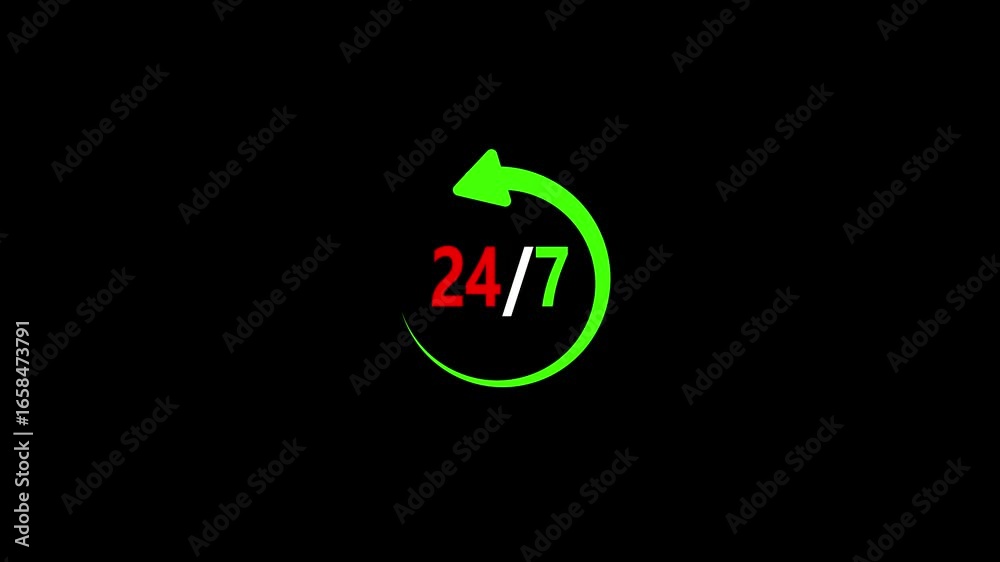 24 hours and 7 days with Clock icon animation with technology on black background. 4K 24/7 Service is open 24 hours a day. Loopable 24 hours and 7 days with Clock icon animation with technology on black background. 4K 24/7 Service is open 24 hours a day. Loopable