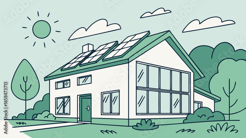 Illustration of a house with solar panels on the roof, green energy concept