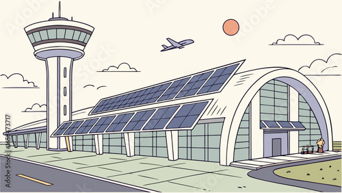 Illustration of a modern airport terminal with solar panels on the roof