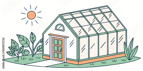 Illustration of a greenhouse with plants and sun