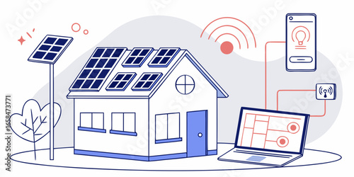 Illustration of a smart home with solar panels and energy management system