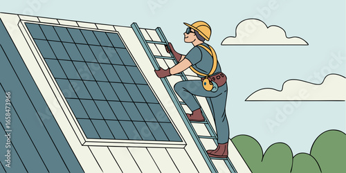 Illustration of a worker installing solar panels on a house roof top