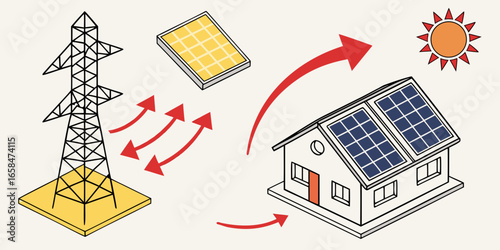 Illustration of solar panels on house roof generating electricity from sun