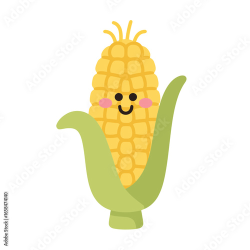 A cute and smiling cartoon ear of corn, with its husk pulled back, featuring a friendly face with pink cheeks, representing healthy and cheerful food.