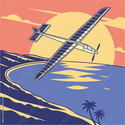 Vector art of glider flying over tropical island at sunset, a scenic vacation getaway