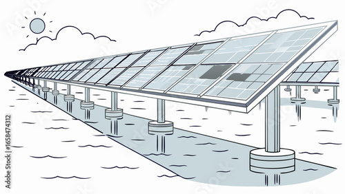 Vector art of floating solar panel installation on water for renewable energy generation