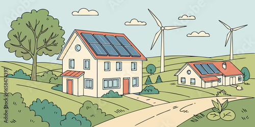 Vector art of houses with solar panels and wind turbines on a green field landscape