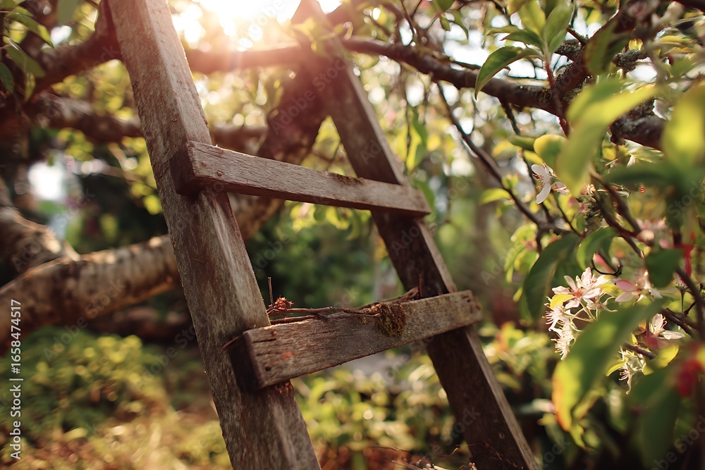 Fototapeta premium A Rustic Wooden Ladder Leaning Against a Fruit Tree in Sunlight