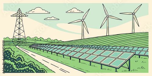 Vector art of renewable energy landscape with solar panels, wind turbines and power lines