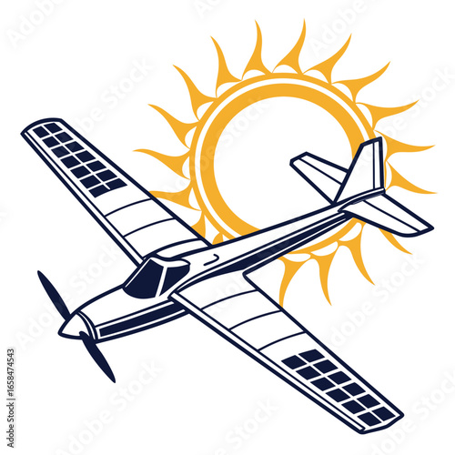 Vector art of solar airplane flying with sun, green energy concept