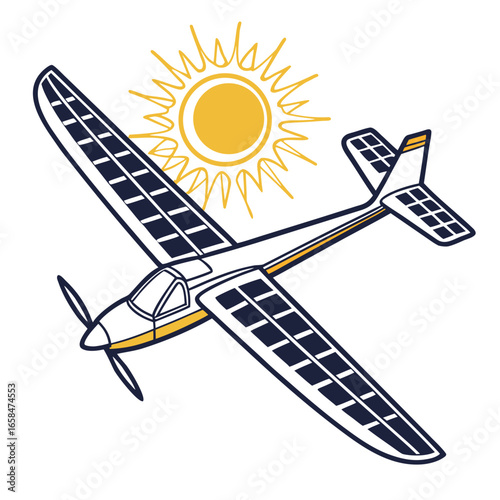 Vector art of solar airplane flying with sun, a concept of green energy