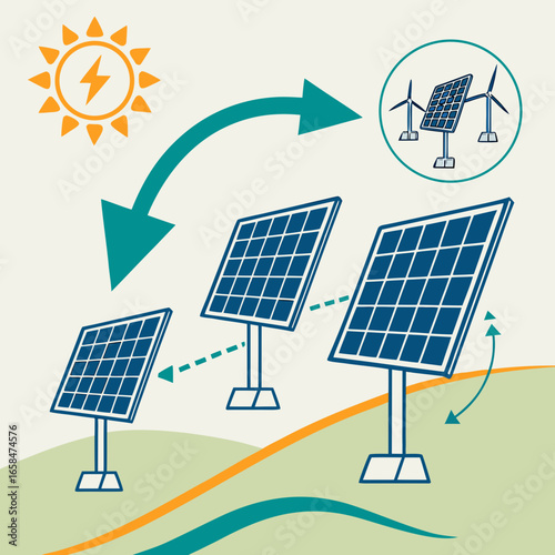 Vector art of solar panel and wind turbine farm for renewable energy