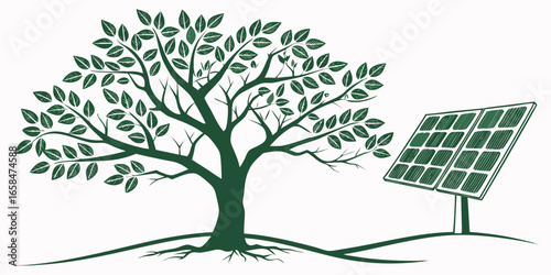 Vector art of solar panel and tree representing renewable energy