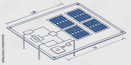 Vector art of solar panel schematic diagram with dimensions