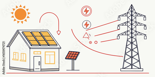 Vector art of solar panel system on house roof generating electricity
