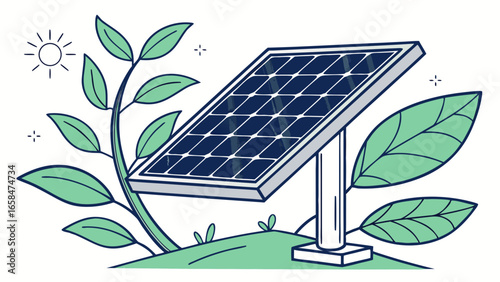 Vector art of solar panel with plant sketch, clean energy concept