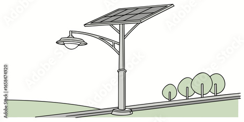 Vector art of solar street light with panel and trees drawing style isolated on white