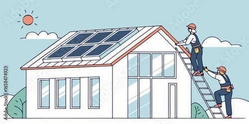 Vector art of workers installing solar panels on house roof for renewable energy source