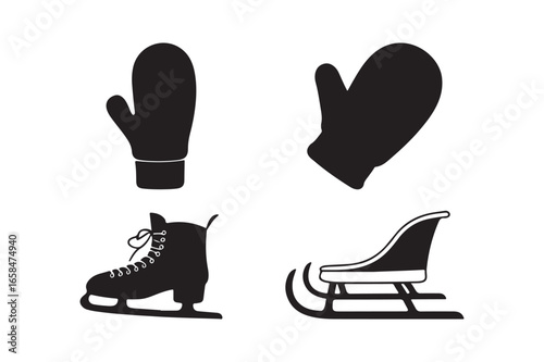 Winter sports icons mittens ice skate and sled silhouette