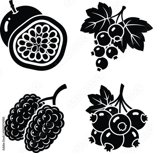 Four stylized black and white illustrations of different fruits