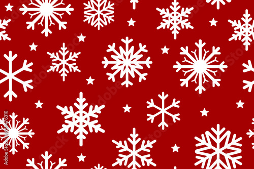 Snowflake and stars seamless pattern on red background 