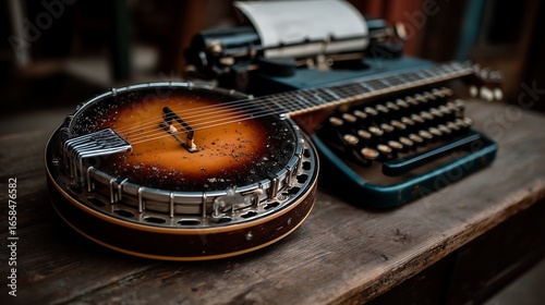 Banjo with sunburst finish and worn strings placed beside a typewriter on a wooden desk, vintage Americana vibe