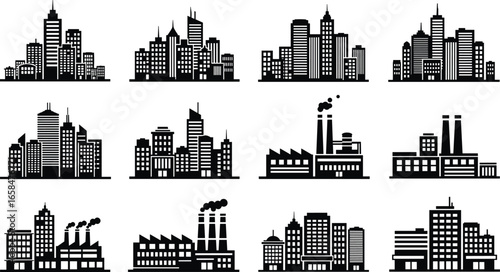 PrintSilhouettes of city skylines and industrial buildings showing architectural contrast between urban skyscrapers and factory structures for design and planning use