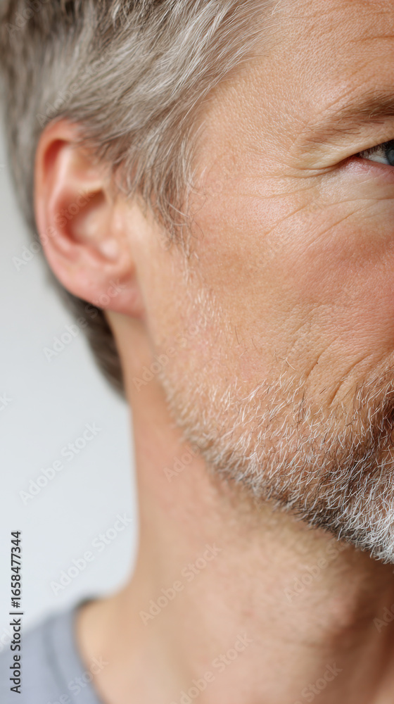 Obraz premium Close up side angle of mature man face shows detailed skin texture and soft gray hair, conveying sense of wisdom and experience