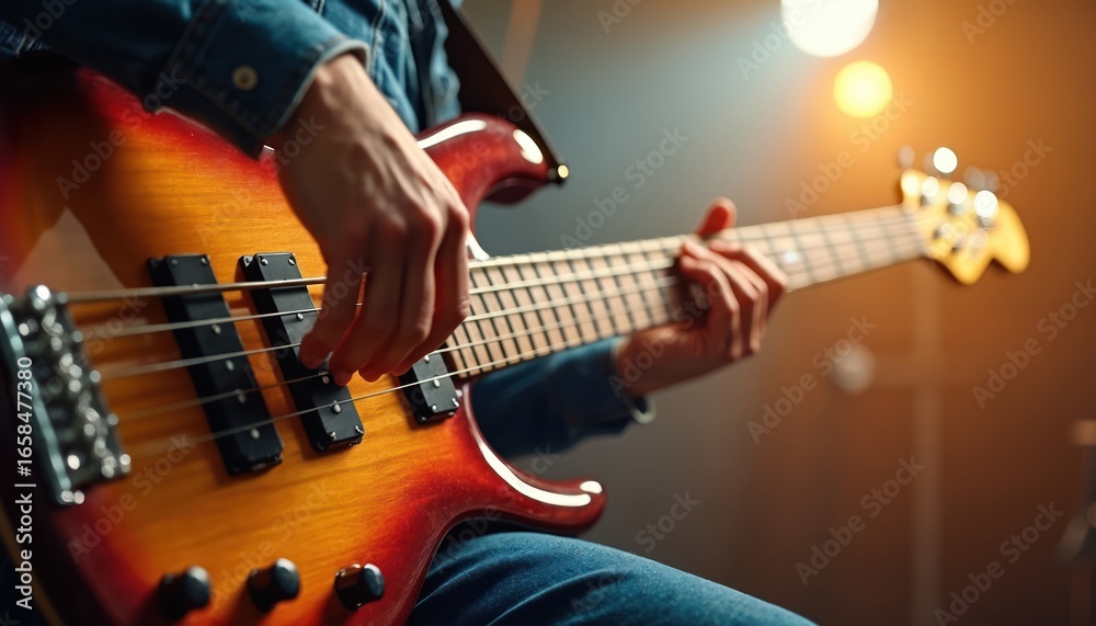 Obraz premium Musician plays bass guitar, focusing on fingers moving along strings, fretboard. Close-up view highlights instrument vibrant sunburst finish, player skilled technique, creating captivating musical