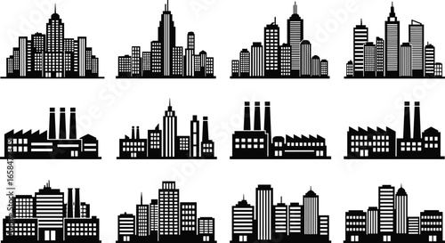 PrintSilhouettes of city skylines and industrial buildings showing urban architecture, factory structures, and mixed-use environments for design and educational applications