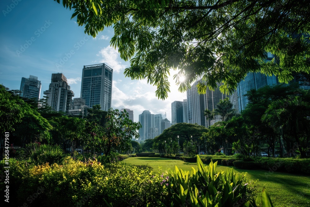 Fototapeta premium A lush green city park with vibrant plants and trees, surrounded by tall modern skyscrapers under a bright blue sky