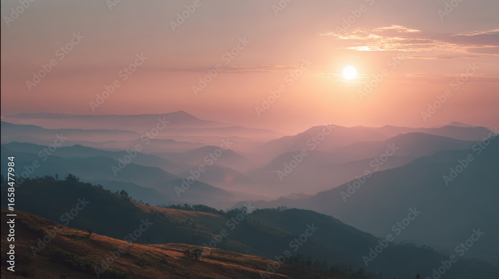 Obraz premium Serene sunset casts warm light over mountain ridge, creating tranquil atmosphere with soft hues and misty layers