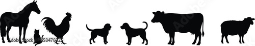 Silhouettes of farm and pet animals, horse, rooster, dog, cat, cow, sheep, domestic animals, farm life collectionSilhouettes of farm and pet animals, horse, rooster, dog, cat, cow, sheep, domestic ani