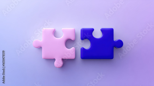 Two puzzle pieces, one pink and one blue, are placed side by side on gradient purple background, symbolizing connection and mismatch