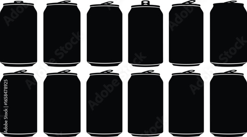 Black soda can silhouettes collection, vector beverage icons, drink can template design, energy drink mockup, isolated tin pack set