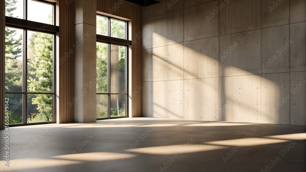 Fototapeta premium spacious wooden interior with sunlit windows