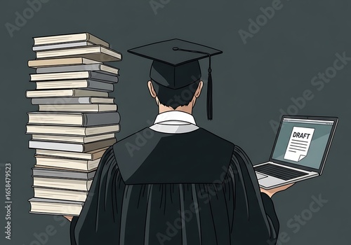 Student facing stack of books and computer with graduation certificate