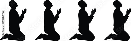 Silhouettes of man praying, kneeling, religious gesture, prayer, spiritual practice, worship, devotion, spiritual pose, kneeling figureSilhouettes of man praying, kneeling, religious gesture, prayer, 