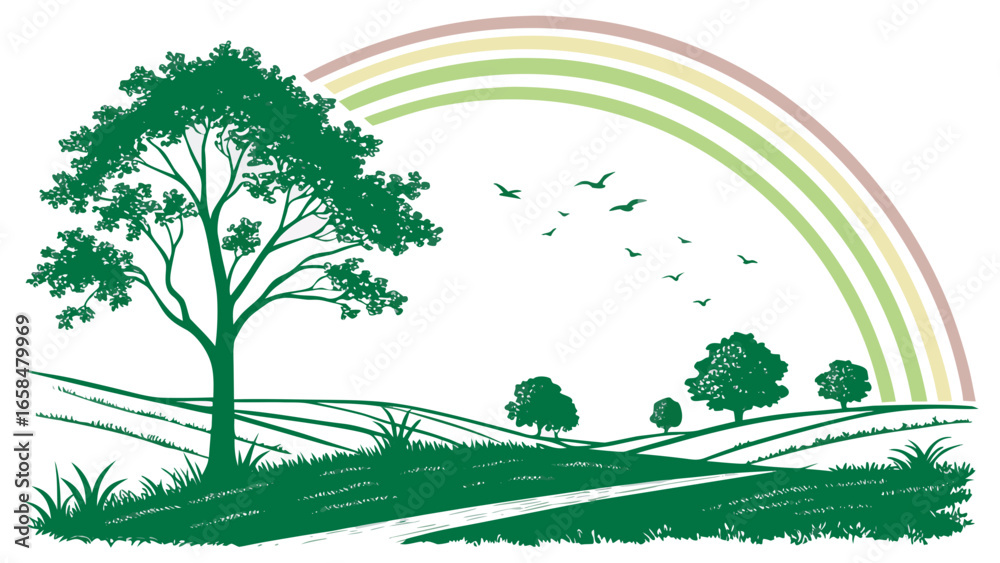 Obraz premium Illustration of a peaceful countryside with green hills, trees, a soft rainbow, and birds in the sky