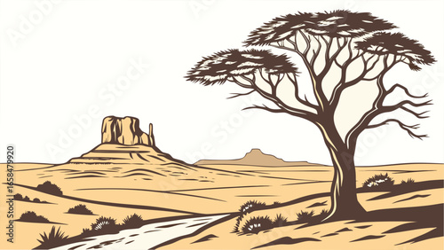 Illustration of a desert landscape with a tree and monument valley