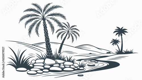 Illustration of a desert oasis with palm trees and a river