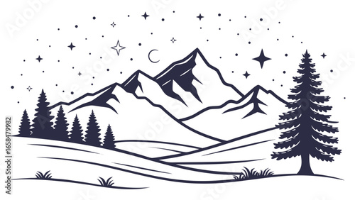 Illustration of a mountain landscape with trees and stars