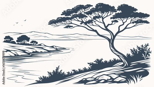 Illustration of a scenic coastal landscape with a tree, rocks, and the sea