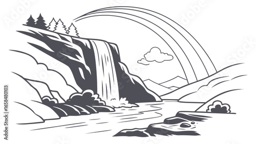 Vector art of a majestic waterfall cascading down a rocky cliff with a vibrant rainbow arching above, a breathtaking natural scene