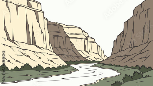 Vector art of a scenic view of a canyon with a river flowing through it, showcasing the natural beauty